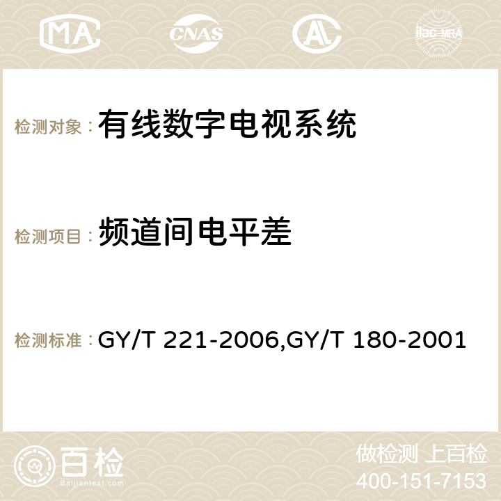 频道间电平差 有线数字电视系统技术要求和测量方法、HFC网络上行传输物理通道技术规范 GY/T 221-2006,GY/T 180-2001 5.9