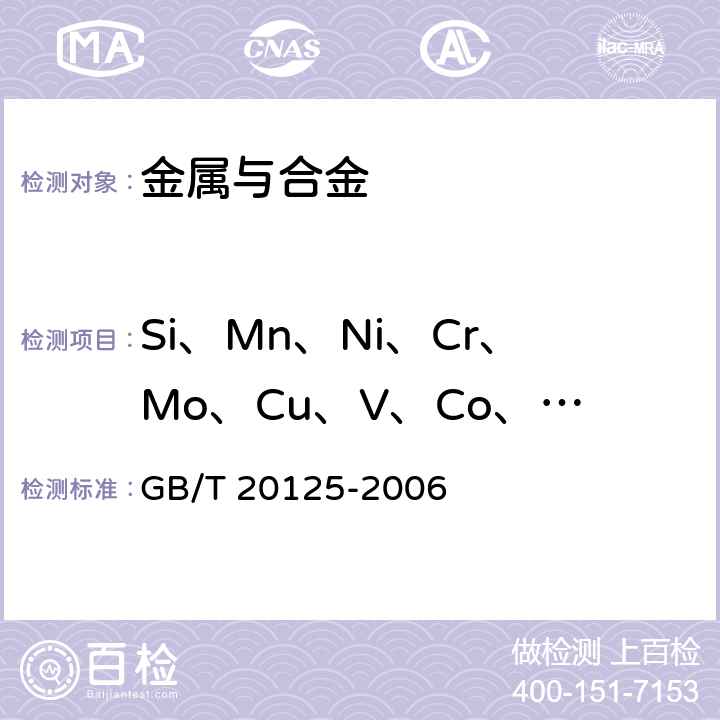 Si、Mn、Ni、Cr、Mo、Cu、V、Co、Ti、Al 低合金钢 多元素含量的测定 电感耦合等离子体原子发射光谱法 GB/T 20125-2006