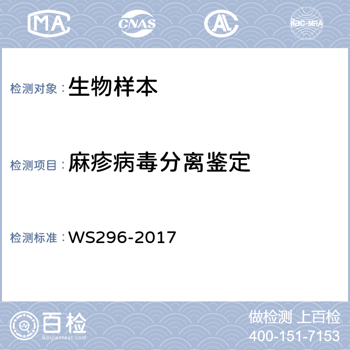 麻疹病毒分离鉴定 麻疹诊断标准 WS296-2017 附录B.1　