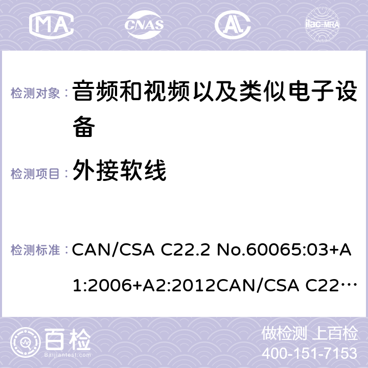 外接软线 音频和视频以及类似电子设备安全要求 CAN/CSA C22.2 No.60065:03+A1:2006+A2:2012
CAN/CSA C22.2 No.60065:16 16