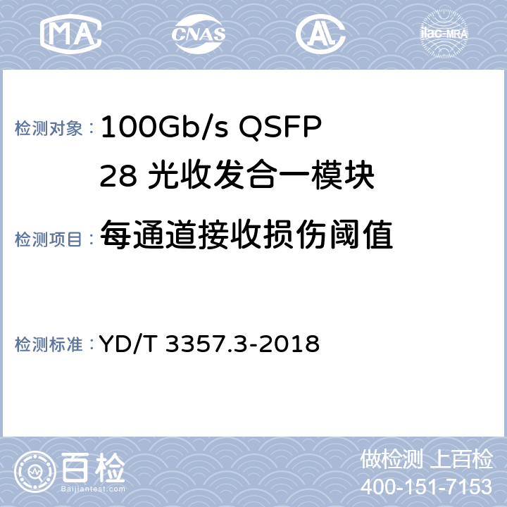 每通道接收损伤阈值 100Gb/s QSFP28 光收发合一模块 第3部分：4×25Gb/s CLR4 YD/T 3357.3-2018 7.3.10