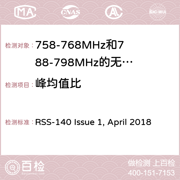 峰均值比 工作在公共安全宽频带758－768 MHz和788－798MHz的设备 RSS-140 Issue 1, April 2018