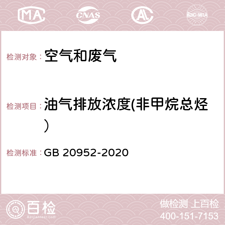 油气排放浓度(非甲烷总烃） 《加油站大气污染物排放标准》 GB 20952-2020 附录D油气处理装置检测方法