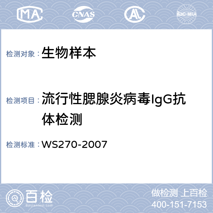 流行性腮腺炎病毒IgG抗体检测 流行性腮腺炎诊断标准 WS270-2007 附录A.1　