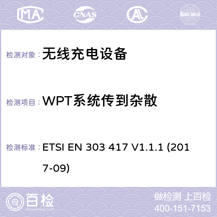 WPT系统传到杂散 ETSI EN 303 417 无线充电传输系统， 使用其他的无线技术工作在：19 - 21 kHz,59 - 61 kHz, 79 - 90 kHz, 100 - 300 kHz,6 765 - 6 795 kHz的2014/53/EU指令协调标准  V1.1.1 (2017-09) 4.3.7