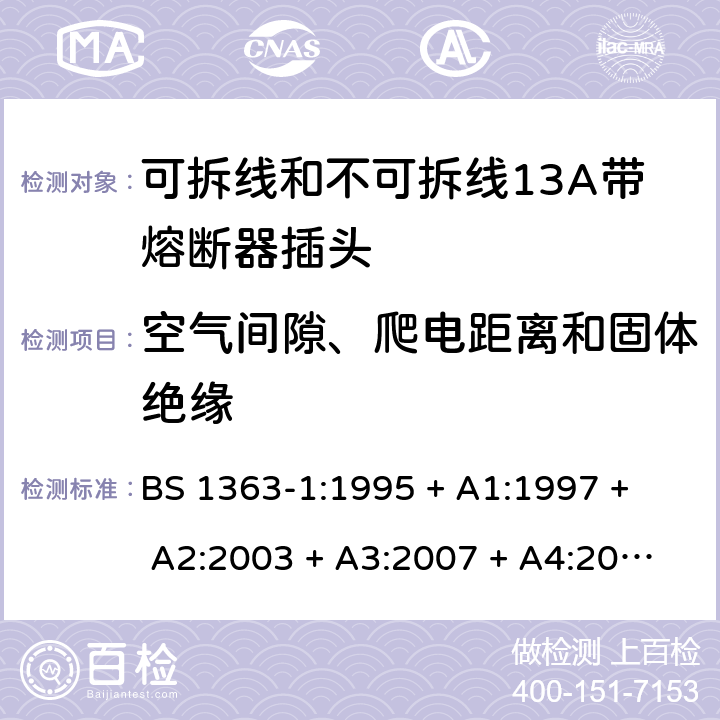 空气间隙、爬电距离和固体绝缘 13A插头、插座、转换器和连接单元 第1部分： 可拆线和不可拆线13A带熔断器插头的规范 BS 1363-1:1995 
+ A1:1997 + A2:2003 + A3:2007 + A4:2012,BS 1363-1:2016 + A1:2018 8