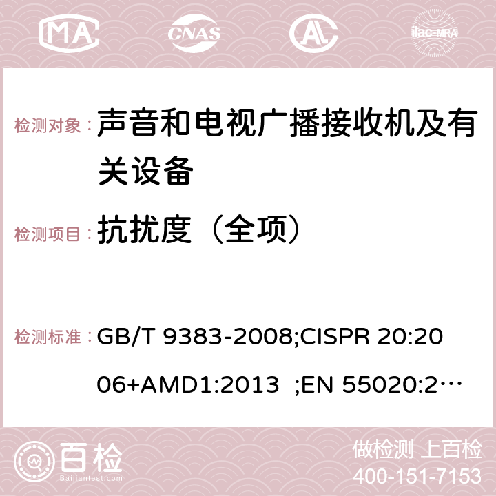 抗扰度（全项） 声音和电视广播接收机及有关设备抗扰度限值和测量方法 GB/T 9383-2008;
CISPR 20:2006+AMD1:2013 ;
EN 55020:2007/A12:2016