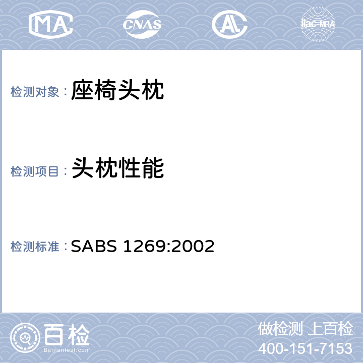 头枕性能 机动车安全：座椅头枕 SABS 1269:2002