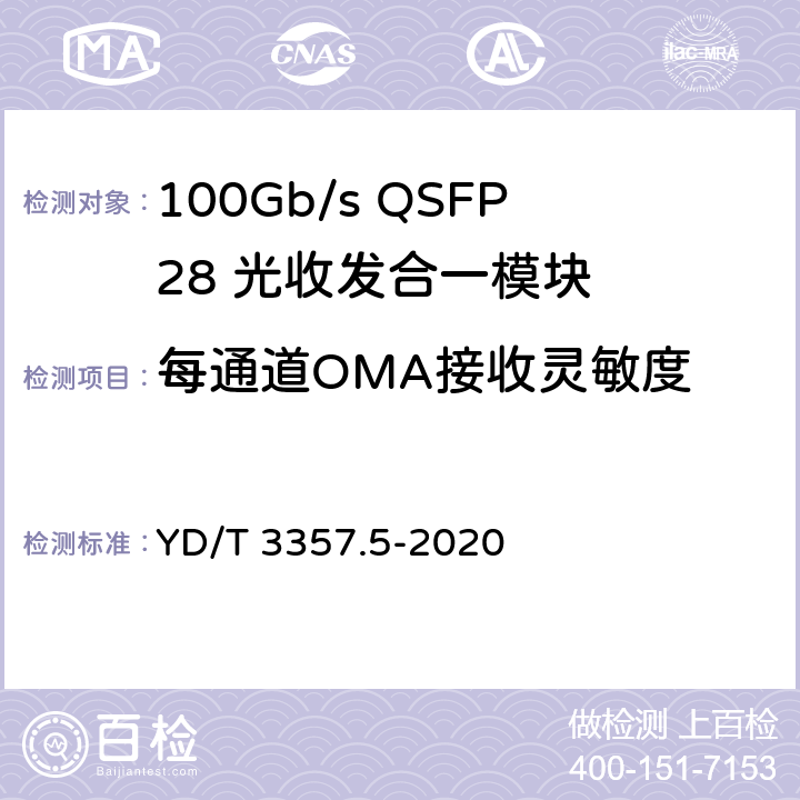每通道OMA接收灵敏度 100Gb/s QSFP28 光收发合一模块 第5部分：4×25Gb/s ER4 YD/T 3357.5-2020 7.11