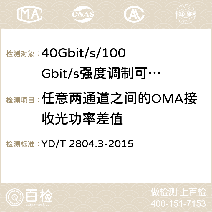 任意两通道之间的OMA接收光功率差值 40Gbit/s/100Gbit/s强度调制可插拔光收发合一模块第3部分:10 X10Gbit/s YD/T 2804.3-2015 7.3.17