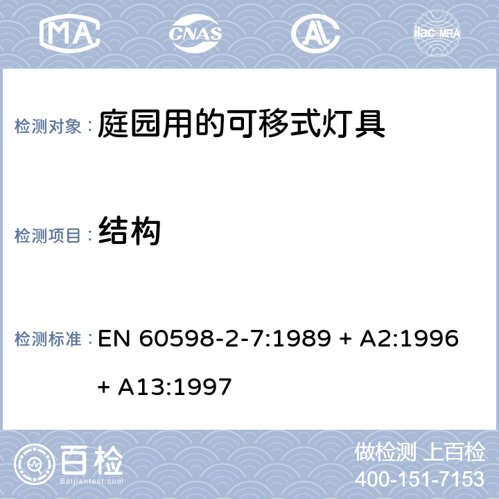 结构 灯具 第2-7部分：特殊要求 庭园用的可移式灯具 EN 60598-2-7:1989 + A2:1996+ A13:1997 7.6