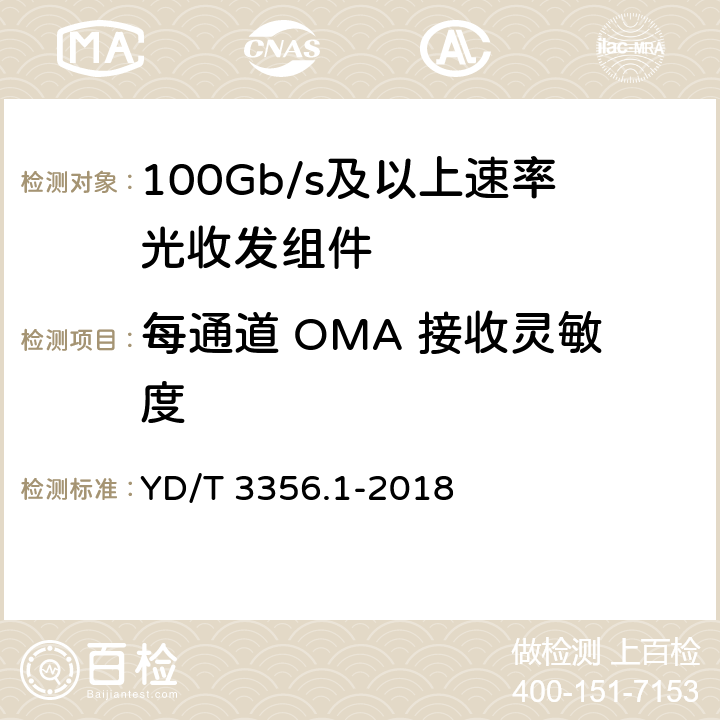 每通道 OMA 接收灵敏度 100Gb/s及以上速率光收发组件 第1部分：4×25Gb/s CLR4 YD/T 3356.1-2018 7.4.17