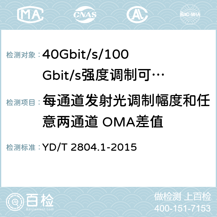 每通道发射光调制幅度和任意两通道 OMA差值 40Gbit/s/100Gbit/s强度调制可插拔光收发合一模块第1部分:4 X10Gbit/s YD/T 2804.1-2015 6.3.3