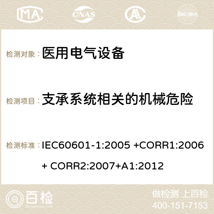 支承系统相关的机械危险 医用电气设备 第1部分： 基本安全和基本性能的通用要求 IEC60601-1:2005 +CORR1:2006+ CORR2:2007+A1:2012 9.8