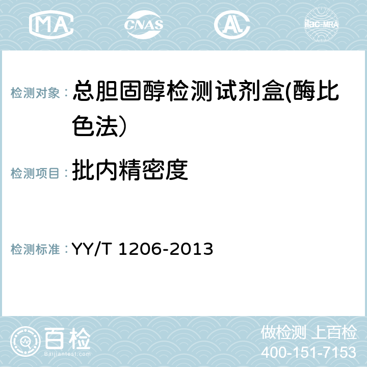 批内精密度 总胆固醇测定试剂盒（氧化酶法） YY/T 1206-2013 3.7.1
