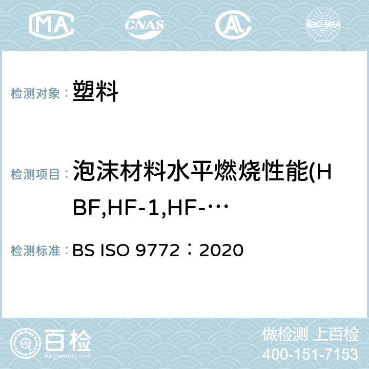 泡沫材料水平燃烧性能(HBF,HF-1,HF-2) 泡沫塑料 - 小试样在小火焰条件下水平燃烧特性的测定 BS ISO 9772：2020