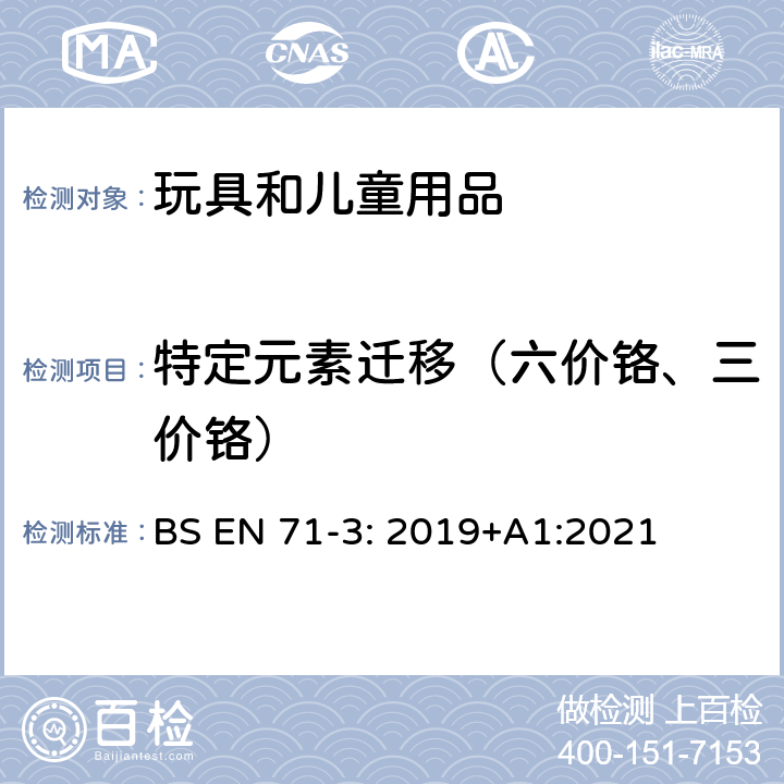 特定元素迁移（六价铬、三价铬） 玩具安全标准—第3部分: 特定元素的迁移 BS EN 71-3: 2019+A1:2021 附录 F