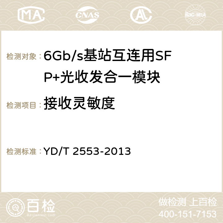 接收灵敏度 6Gb/s 基站互连用SFP+光收发合一模块技术条件 YD/T 2553-2013 5.3