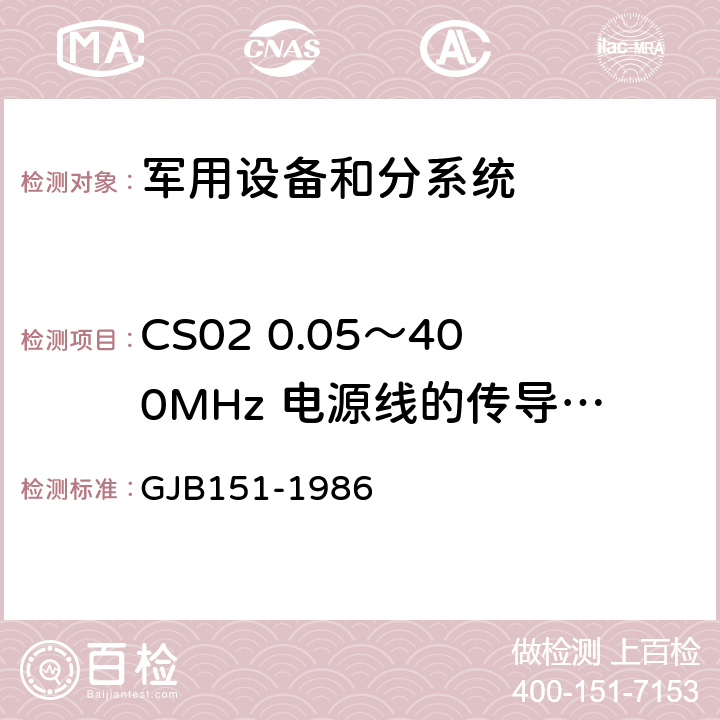 CS02 0.05～400MHz 电源线的传导敏感度 军用设备和分系统电磁发射和敏感度要求 GJB151-1986 7