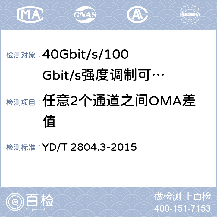 任意2个通道之间OMA差值 40Gbit/s/100Gbit/s强度调制可插拔光收发合一模块第3部分:10 X10Gbit/s YD/T 2804.3-2015 7.3.6