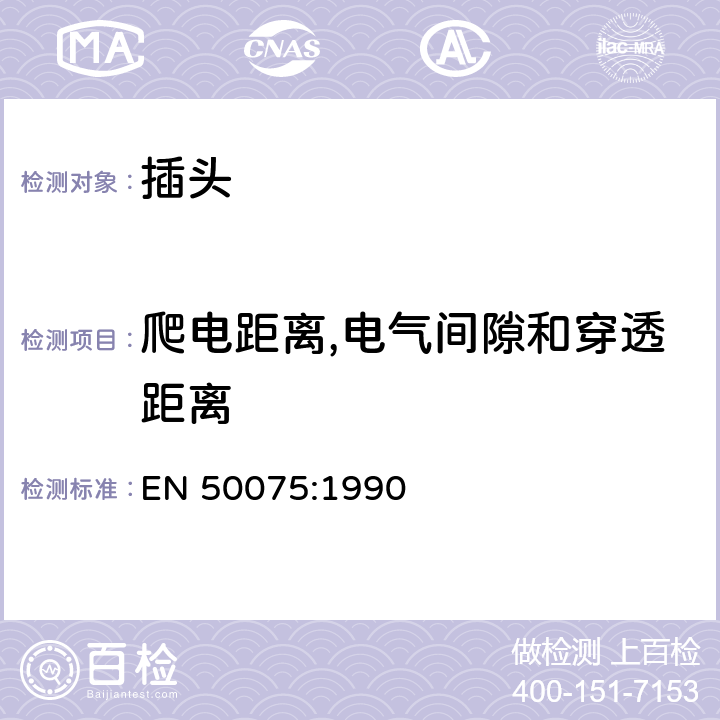 爬电距离,电气间隙和穿透距离 2,5A，250V扁平非接线两极插头，带电线，用于连接家用和类似用途的II类设备 EN 50075:1990 16