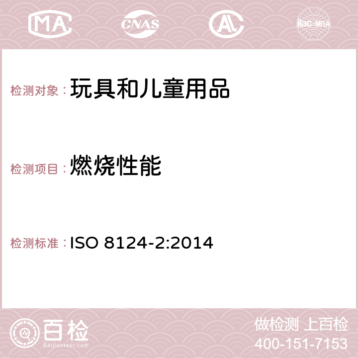 燃烧性能 国际标准玩具安全 第2部分：可燃性 ISO 8124-2:2014 5.3从玩具表面、全部或局部的模塑头戴面罩伸出部分小于50mm的，有头发、毛绒或具有相似特性的材料（如自由悬挂的丝带、纸带或者布带等）制成的胡须、触须、假发等材料