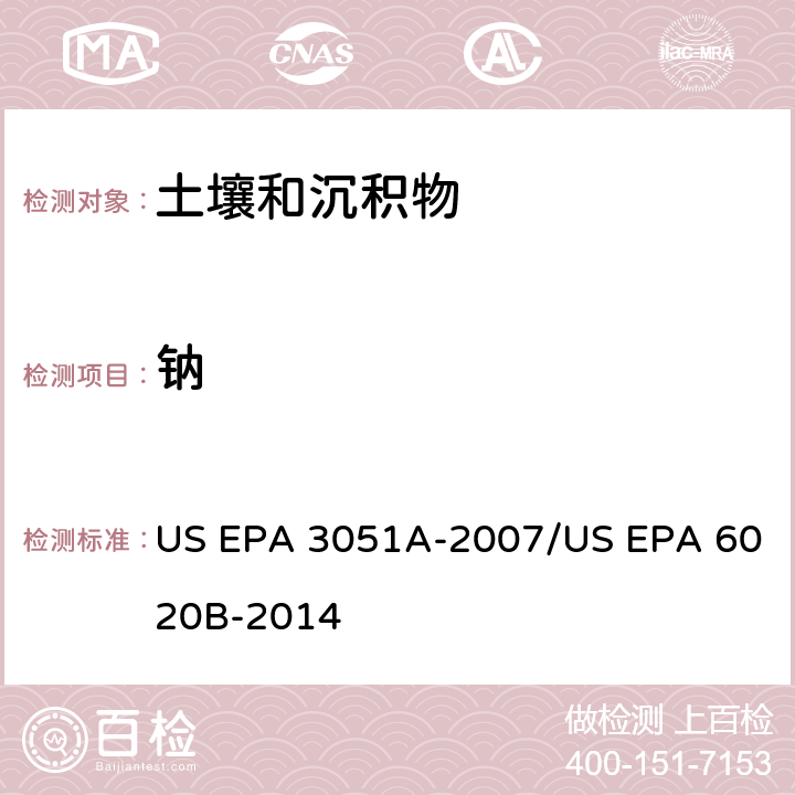钠 前处理方法：沉积物、淤泥、土壤和油类的微波辅助酸消解 / 分析方法：电感耦合等离子体质谱法 US EPA 3051A-2007/US EPA 6020B-2014