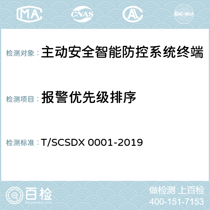 报警优先级排序 X 0001-2019 道路运输车辆主动安全智能防控系统技术规范 第2部分：终端机测试方法/第3部分：通讯协议（试行） T/SCSD 5.4.4