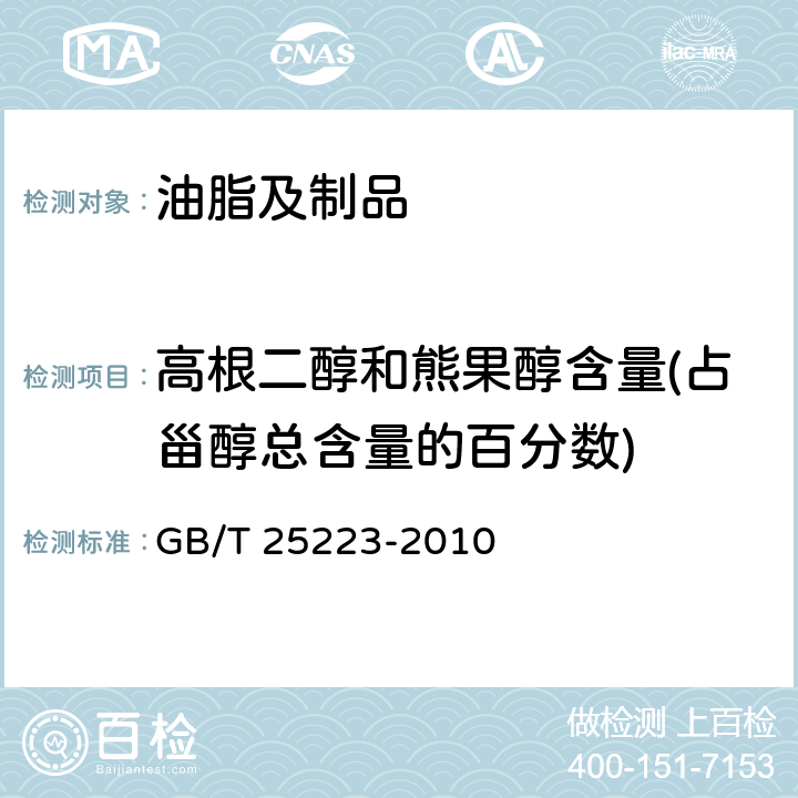 高根二醇和熊果醇含量(占甾醇总含量的百分数) 动植物油脂 甾醇组成和甾醇总量的测定 气相色谱法 GB/T 25223-2010