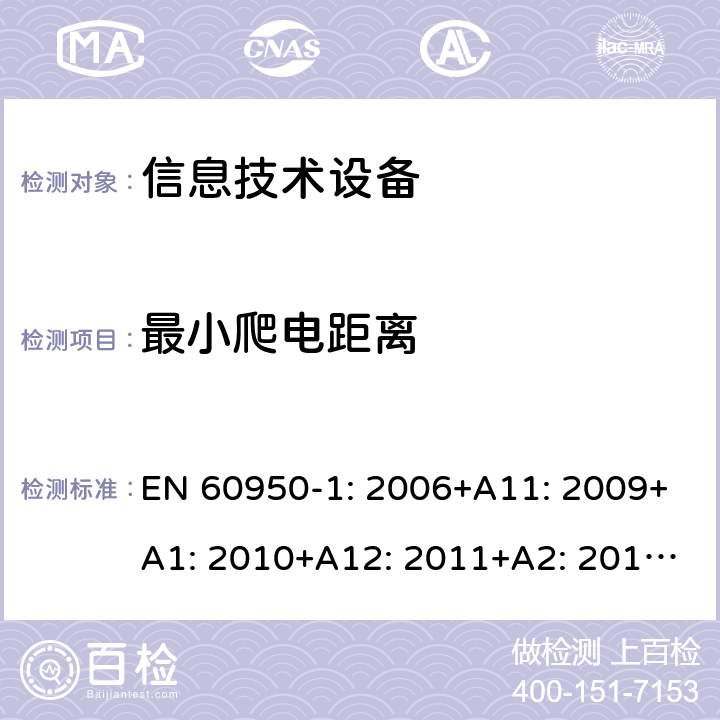 最小爬电距离 EN 60950-1:2006 信息技术设备 安全 第1部分：通用要求 EN 60950-1: 2006+A11: 2009+A1: 2010+A12: 2011+A2: 2013; 2.10.4.3;附录F