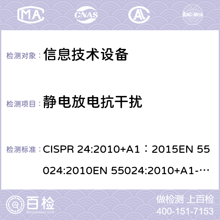 静电放电抗干扰 CISPR 24:2010 电磁兼容(EMC) 第4-2部分 试验和测量技术 静电放电抗扰度试验 +A1：2015
EN 55024:2010
EN 55024:2010+A1-2015
GB/T 17618-2015
IEC 61000-4-2:2008
EN 61000-4-2:2009
<B>GB/T 17626.2-2018</B> 4.2.1