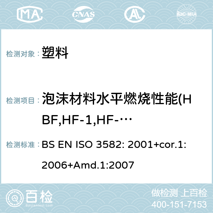 泡沫材料水平燃烧性能(HBF,HF-1,HF-2) 柔性泡沫聚合材料 - 小试样在小火焰条件下水平燃烧特性的实验室评定 BS EN ISO 3582: 2001+cor.1:2006+Amd.1:2007
