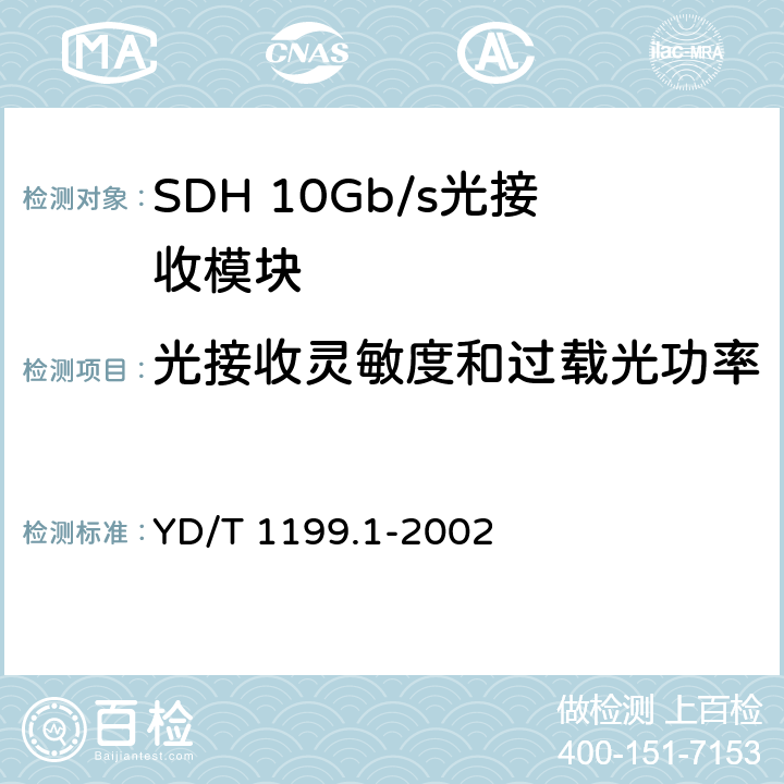 光接收灵敏度和过载光功率 YD/T 1199.1-2002 SDH光发送/光接收模块技术要求——SDH 10Gb/s光接收模块