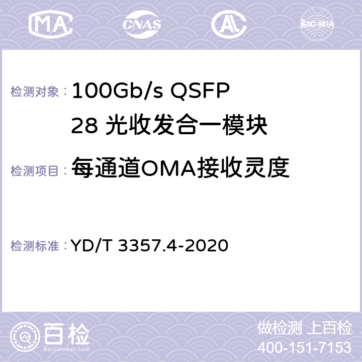 每通道OMA接收灵度 100Gb/s QSFP28 光收发合一模块 第4部分：4×25Gb/s PSM4 YD/T 3357.4-2020 7.13