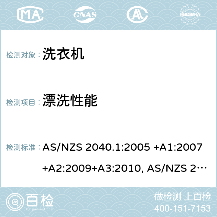 漂洗性能 AS/NZS 2040.1 家用电器性能－洗衣机第1部分：性能、能耗和水耗测试方法 :2005 +A1:2007+A2:2009+A3:2010, :2021 2.14