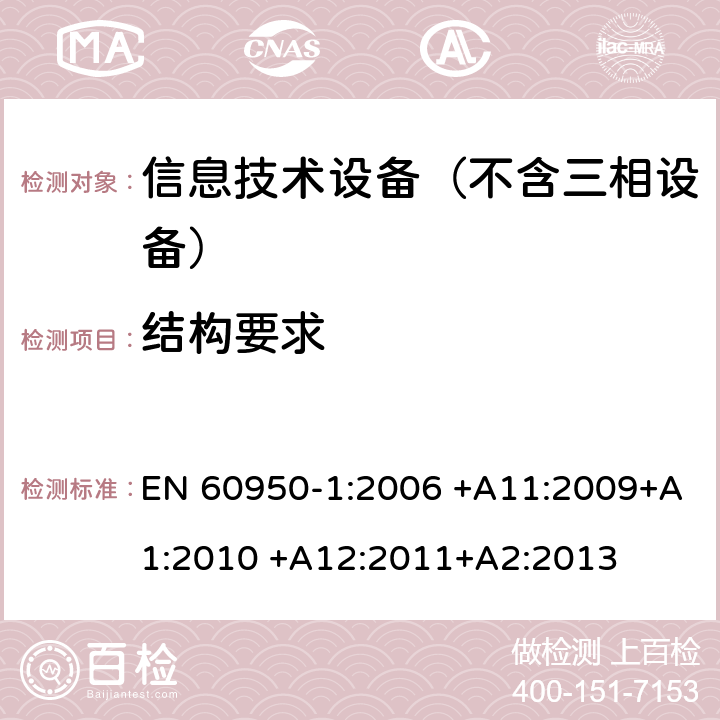 结构要求 信息技术设备–安全–第一部分：通用标准 EN 60950-1:2006 +A11:2009+A1:2010 +A12:2011+A2:2013 4