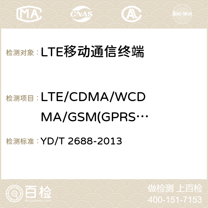 LTE/CDMA/WCDMA/GSM(GPRS)多模终端功能 YD/T 2688-2013 LTE/CDMA/WCDMA/GSM(GPRS)多模终端设备（单卡槽）技术要求及测试方法(附2016年第1号修改单)