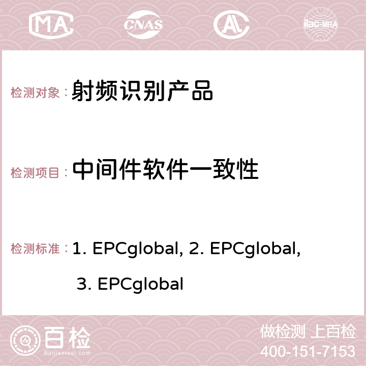 中间件软件一致性 1. EPCglobal标准：应用层事件协议，1.1.1版 第1部分：核心协议 2. EPCglobal标准：应用层事件协议，1.1.1版 第2部分：XML及SOAP绑定 3. EPCglobal标准：应用层事件协议1.1.1一致性要求文档，第1.0.4版