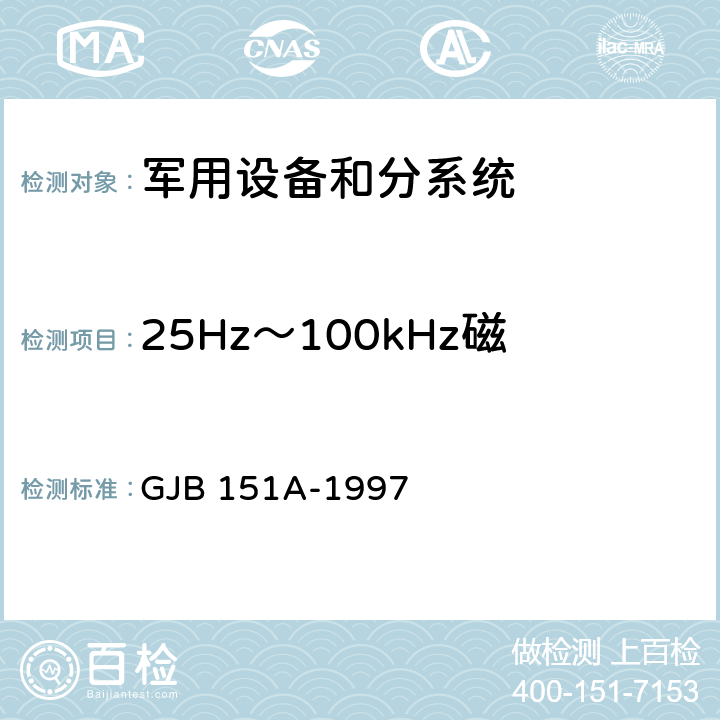 25Hz～100kHz磁场辐射敏感度 RS101 军用设备和分系统电磁发射和敏感度要求 GJB 151A-1997