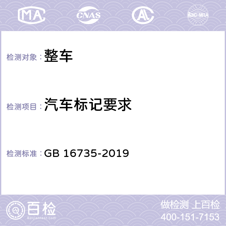 汽车标记要求 道路车辆 车辆识别代号(VIN) GB 16735-2019 4,5,6,7,8,9,附录A