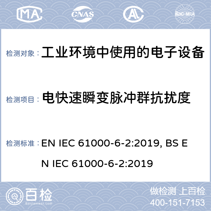 电快速瞬变脉冲群抗扰度 电磁兼容 通用标准 工业环境中的抗扰度试验 EN IEC 61000-6-2:2019, BS EN IEC 61000-6-2:2019 9