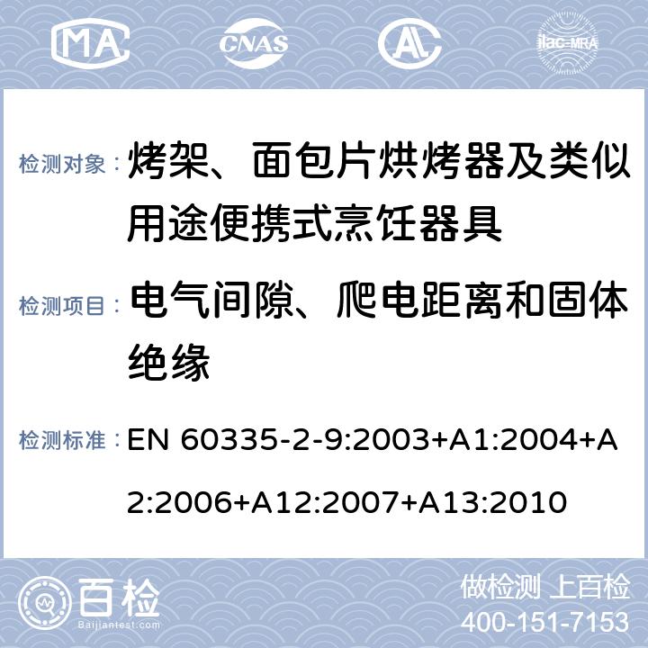 电气间隙、爬电距离和固体绝缘 家用和类似用途电器的安全： 烤架、面包片烘烤器及类似用途便携式烹饪器具的特殊要求 EN 60335-2-9:2003+A1:2004+A2:2006+A12:2007+A13:2010 29