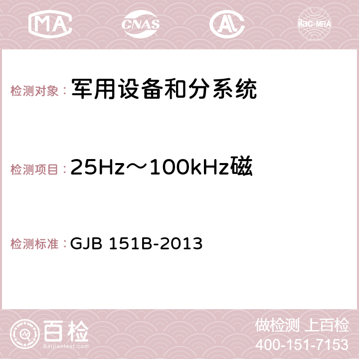 25Hz～100kHz磁场辐射敏感度 RS101 军用设备和分系统电磁发射和敏感度要求与测量 GJB 151B-2013