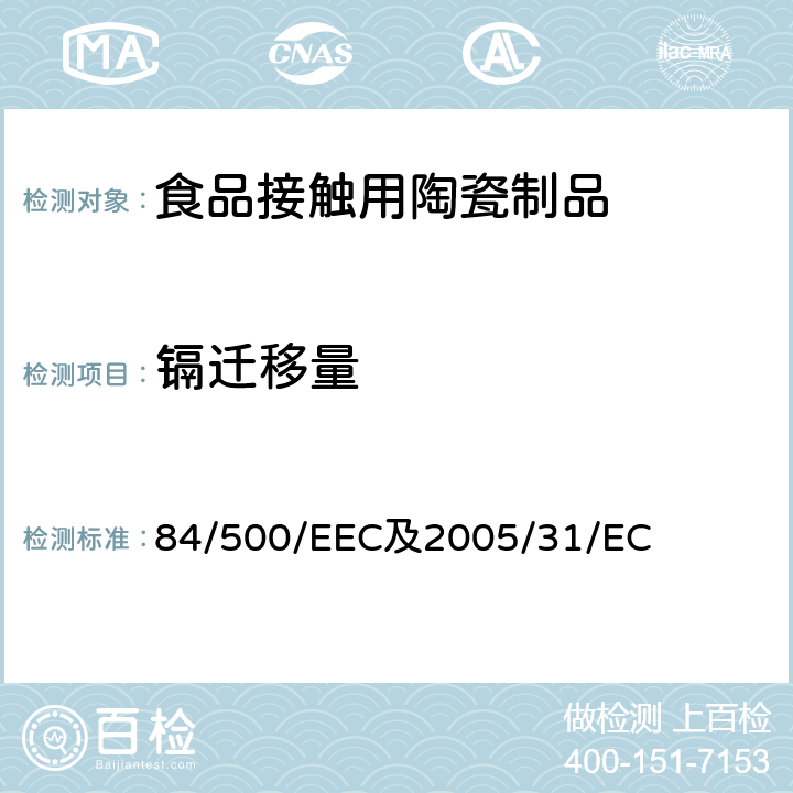 镉迁移量 与食品直接接触的陶瓷类产品的要求 84/500/EEC及2005/31/EC