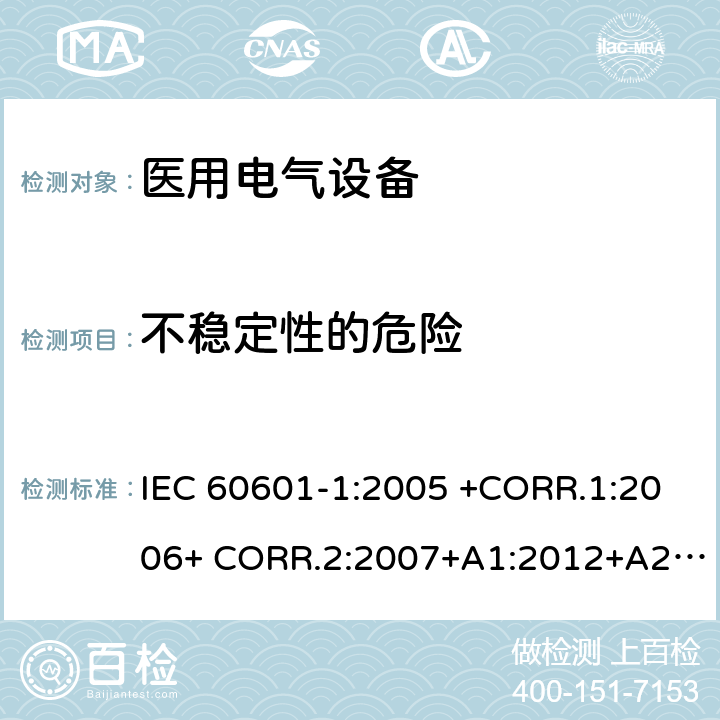 不稳定性的危险 医用电气设备第1部分- 基本安全和基本性能的通用要求 IEC 60601-1:2005 +CORR.1:2006+ CORR.2:2007+A1:2012+A2:2020 EN 60601-1:2006+AC:2010+A1:2013+A12:2014 ANSI/AAMI ES60601-1:2005/(R)2012+A1:2012,C1:2009/(R)2012+A2:2010/(R)2012 9.4