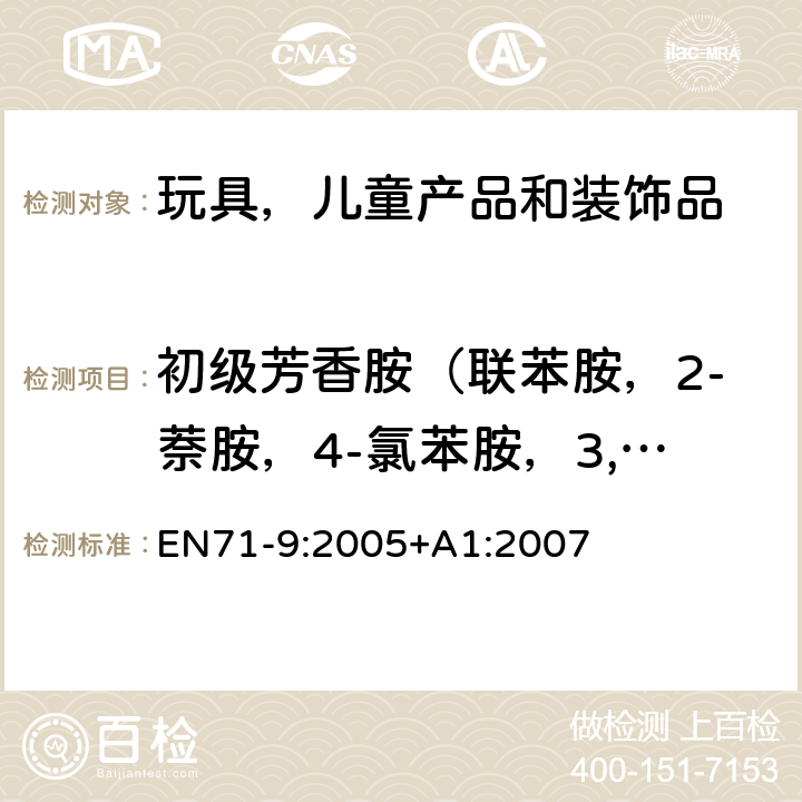 初级芳香胺（联苯胺，2-萘胺，4-氯苯胺，3,3-二氯联苯胺，3,3二甲氧基联苯胺，3,3二甲基联苯胺，邻甲基苯胺，邻氨基甲苯醚，苯胺） 欧洲玩具安全标准 第9部分有机化合物的要求 EN71-9:2005+A1:2007 条款 4.4表2C