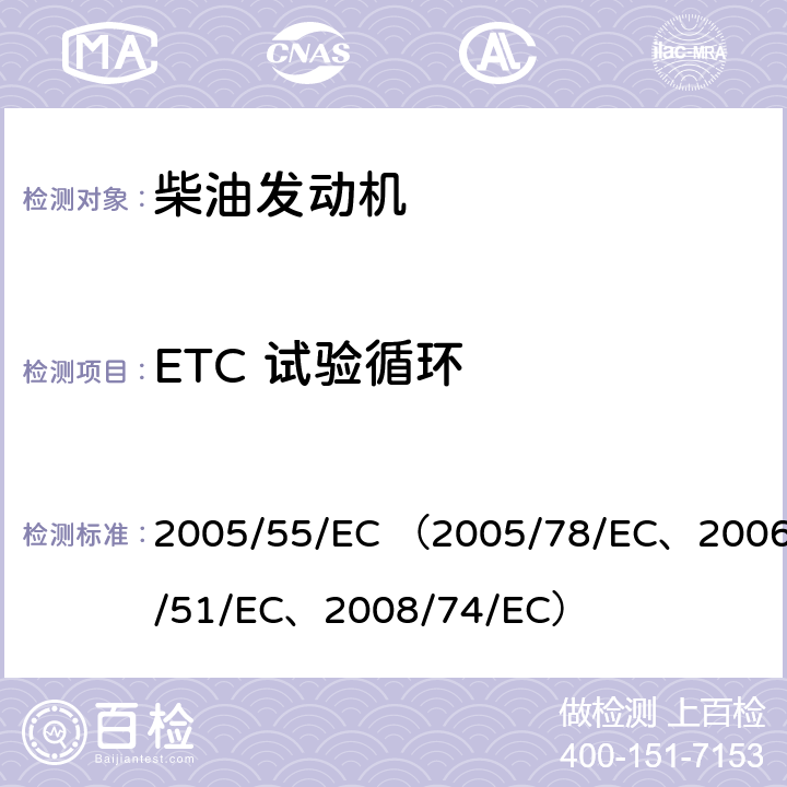 ETC 试验循环 欧洲议会关于各成员国防治车用压燃式发动机气态和颗粒污染物以及车用天然气或液化石油气点燃式发动机气态污染物排放法规 2005/55/EC （2005/78/EC、2006/51/EC、2008/74/EC） 附录III