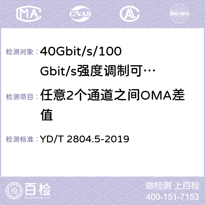 任意2个通道之间OMA差值 40Gbit/s/100Gbit/s强度调制可插拔光收发合一模块第5部分:4×25Gbit/s CFP2 YD/T 2804.5-2019 7.8