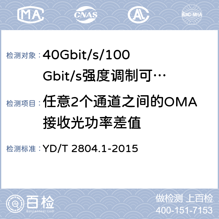 任意2个通道之间的OMA接收光功率差值 40Gbit/s/100Gbit/s强度调制可插拔光收发合一模块第1部分:4 X10Gbit/s YD/T 2804.1-2015 6.3.8