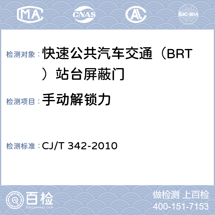 手动解锁力 快速公共汽车交通（BRT）站台屏蔽门 CJ/T 342-2010 7.3.3